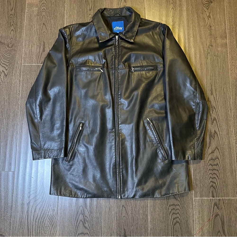 s.Oliver Womenjeans Black Real Leather Jacket Coat Size 44 Long Zip Pockets